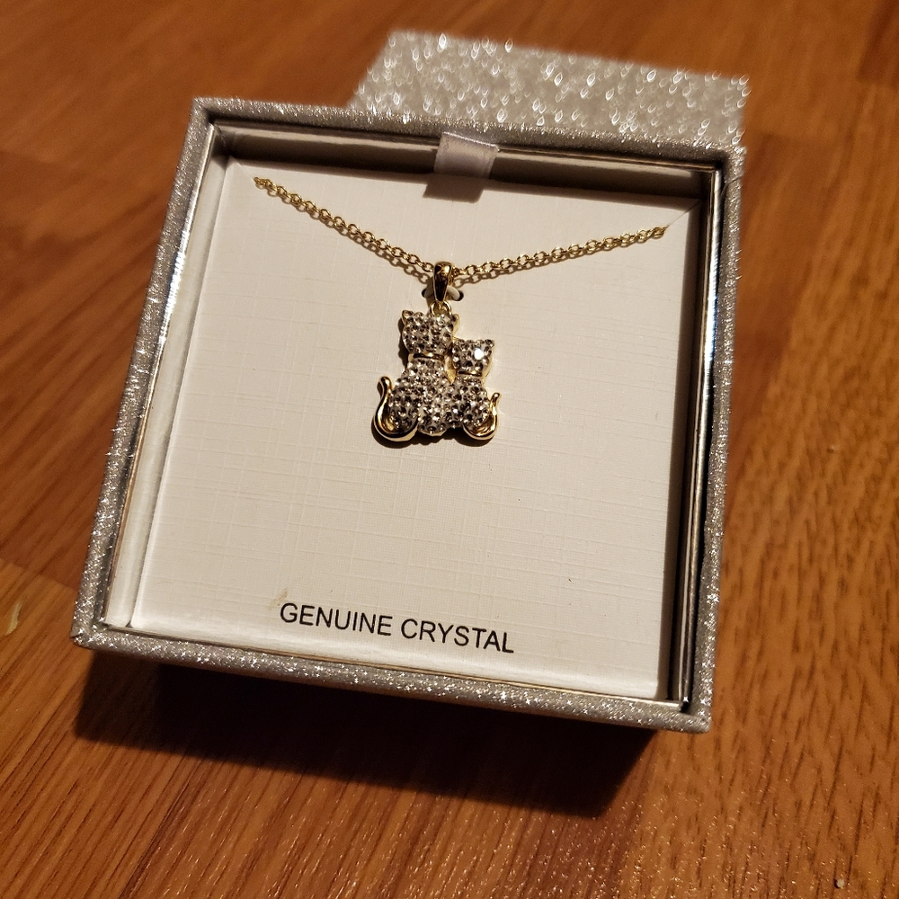 Brass and crystal cat necklace.
